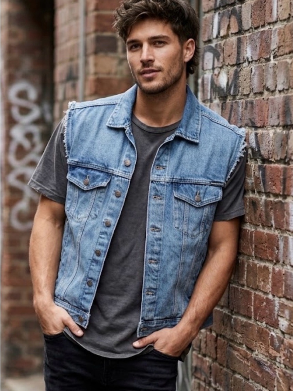 Calvin Klein Jeans Light Blue Denim Vest with Frayed Sleeves A 53